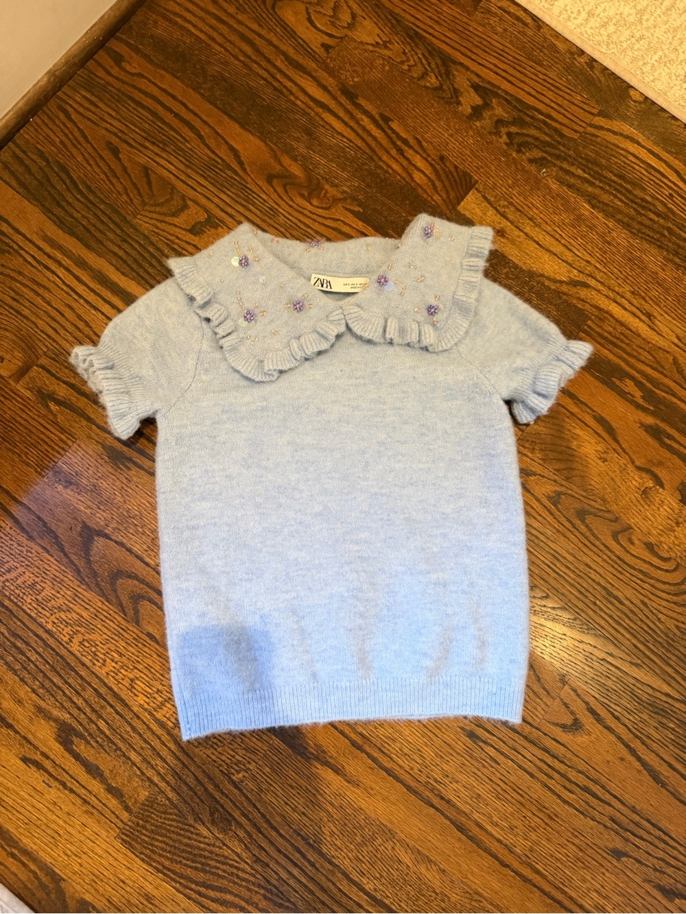Zara Light Blue Ruffle Collar Knit Top